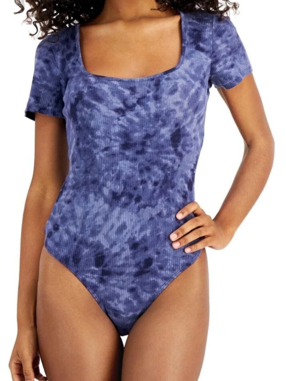 Jenni Intimates Women's Ribbed Square Neck Bodysuit, Blue Tie-Dye, Small